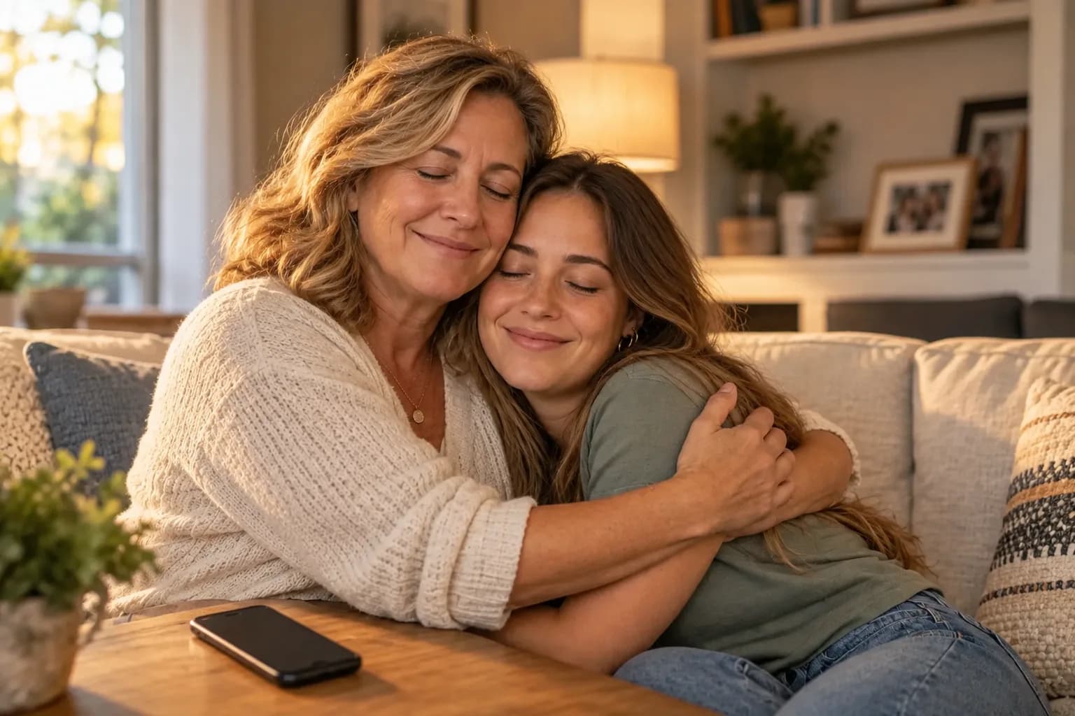 Mother and grown daughter hugging while their song plays