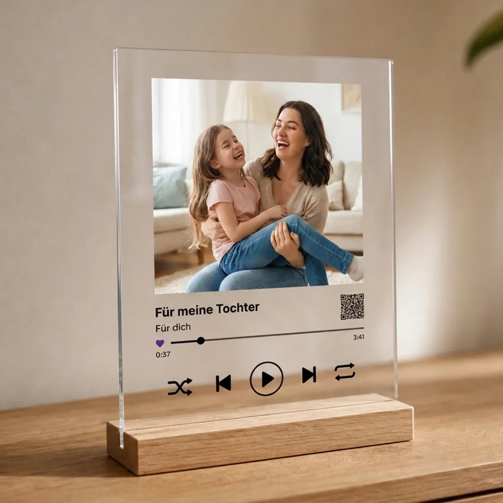 Acrylic glass with a photo of mother and daughter and the song as a player, available as an add-on