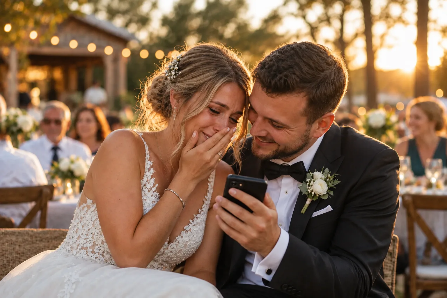 Bride and groom listening to their song on a phone at the celebration, the bride is moved