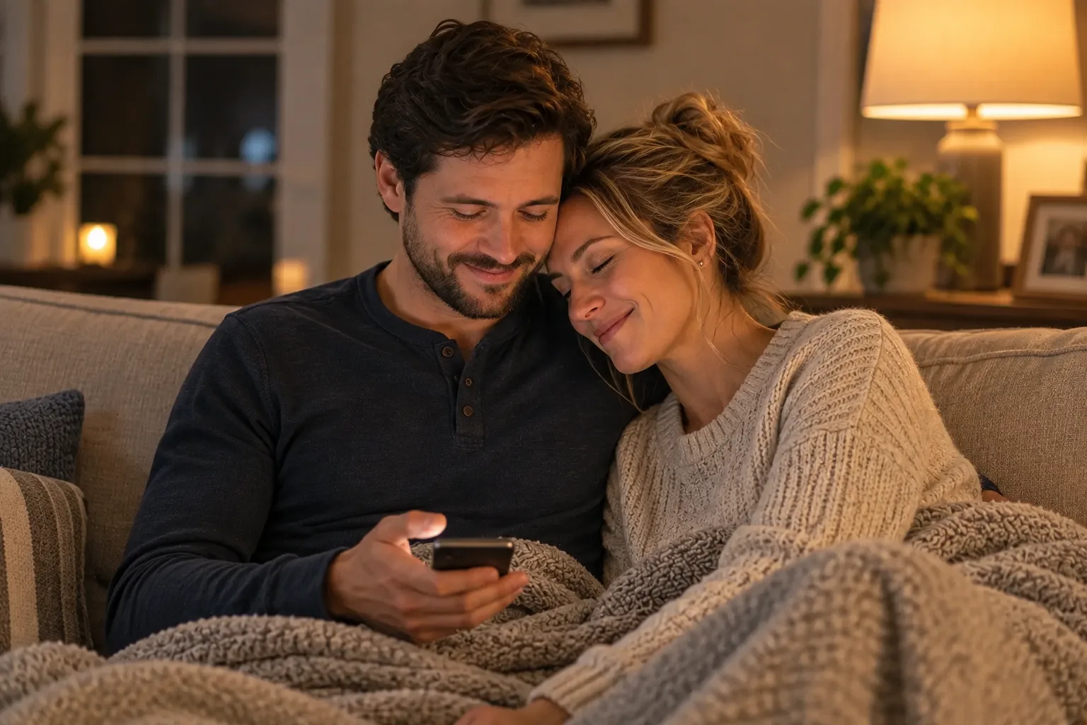 Couple cuddled up under a blanket in the evening, listening to their love song together on a phone