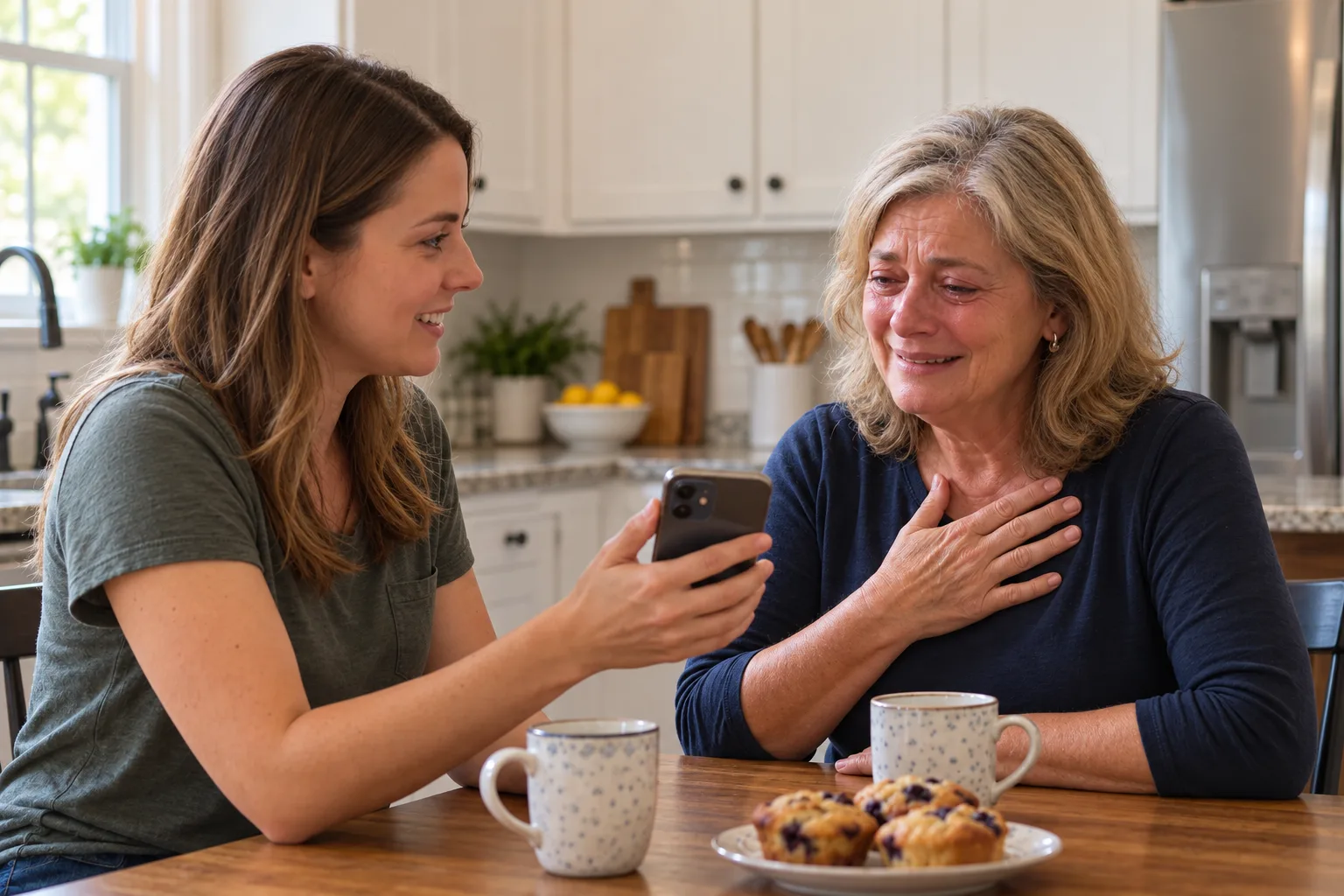 Mother at the kitchen table, moved as she listens to the song her daughter gave her
