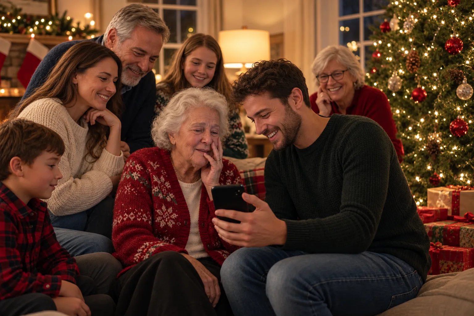 Family listening to their song together in front of the tree on Christmas Eve, the grandmother is moved
