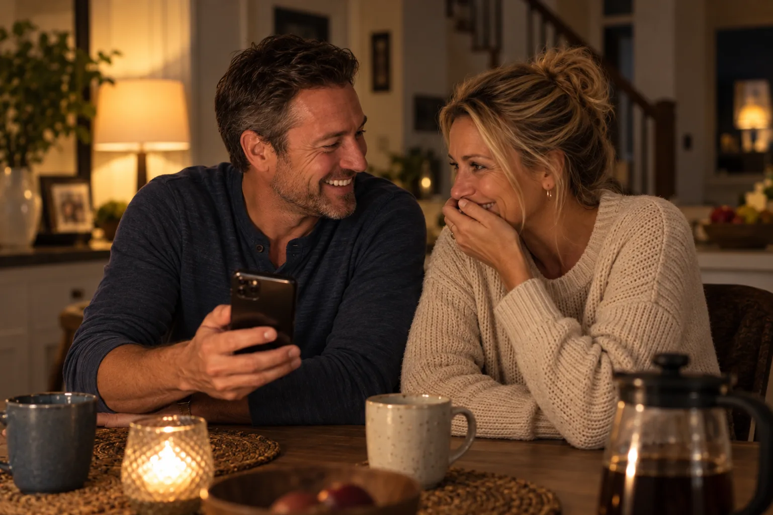 Man playing his wife her song at the table, she laughs, moved