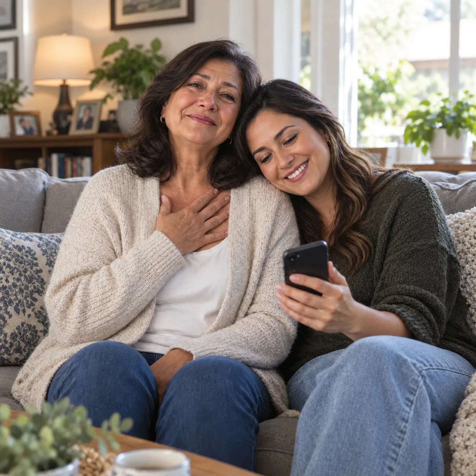 Daughter playing her song for her mother on the couch, the mother is moved