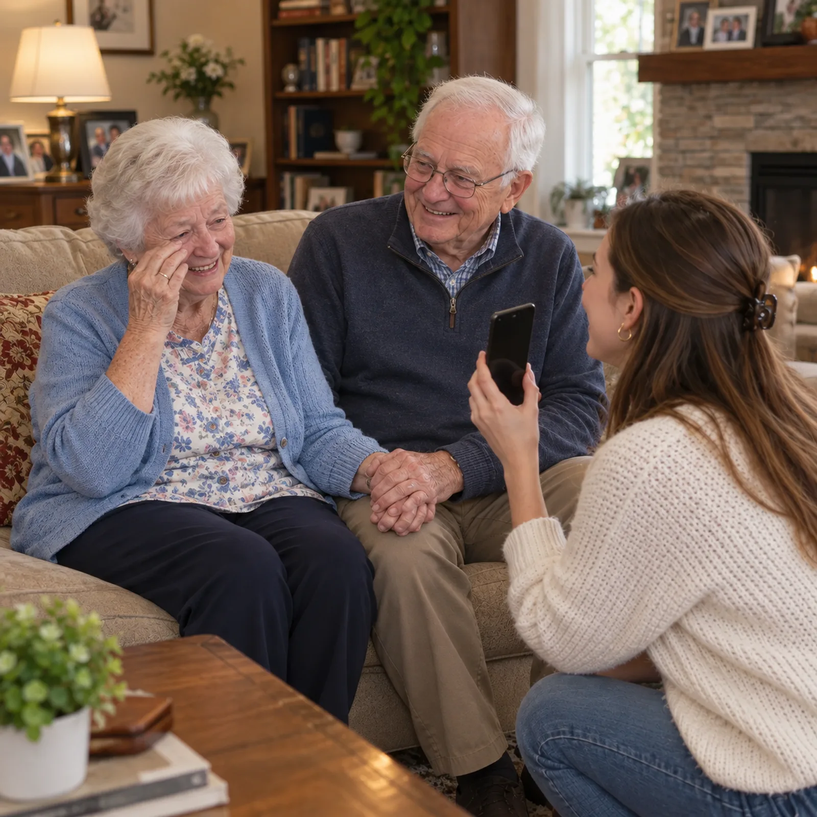 Granddaughter playing a song for her grandparents, the grandmother wipes away a tear