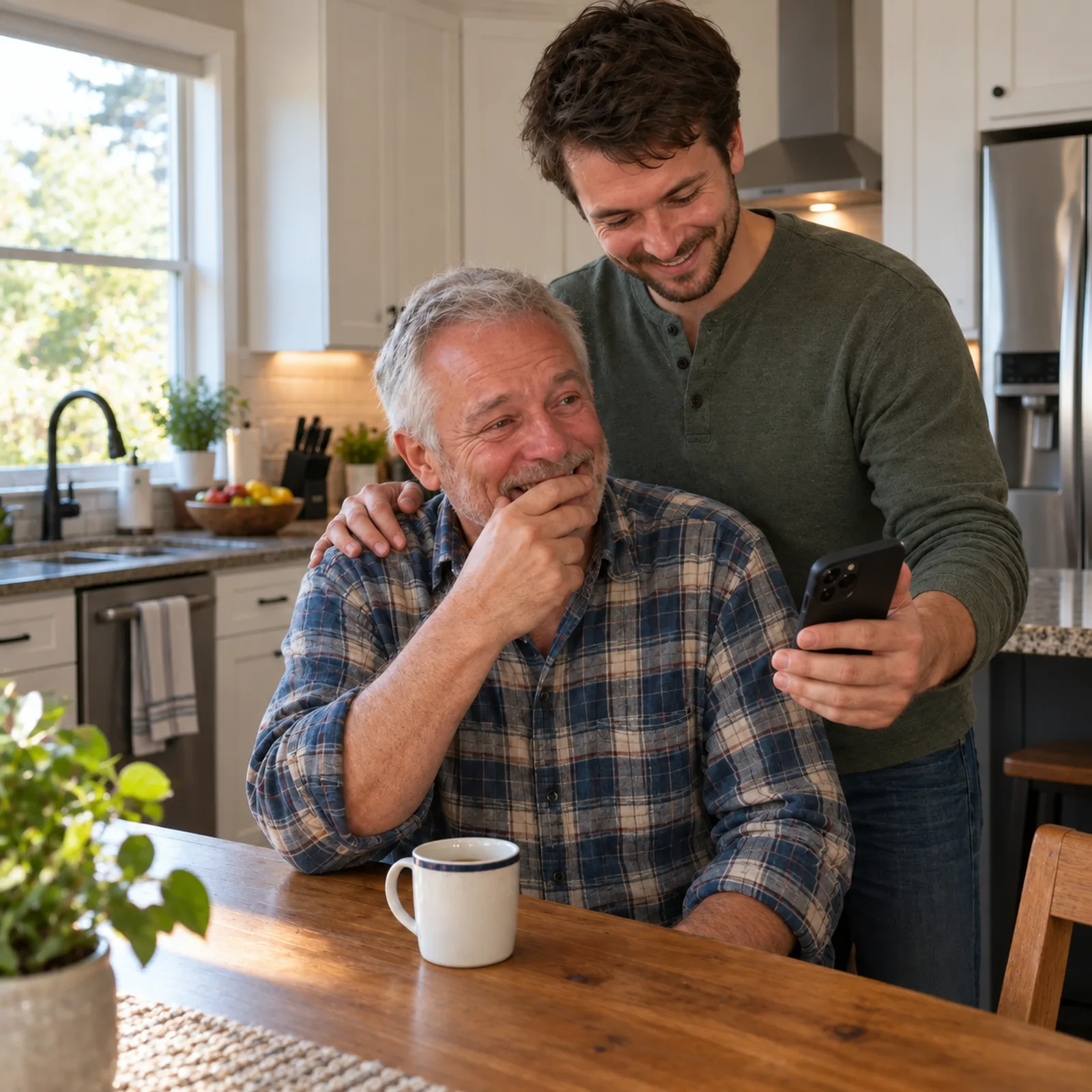Son playing a song for his father at the kitchen table, the father laughs, moved