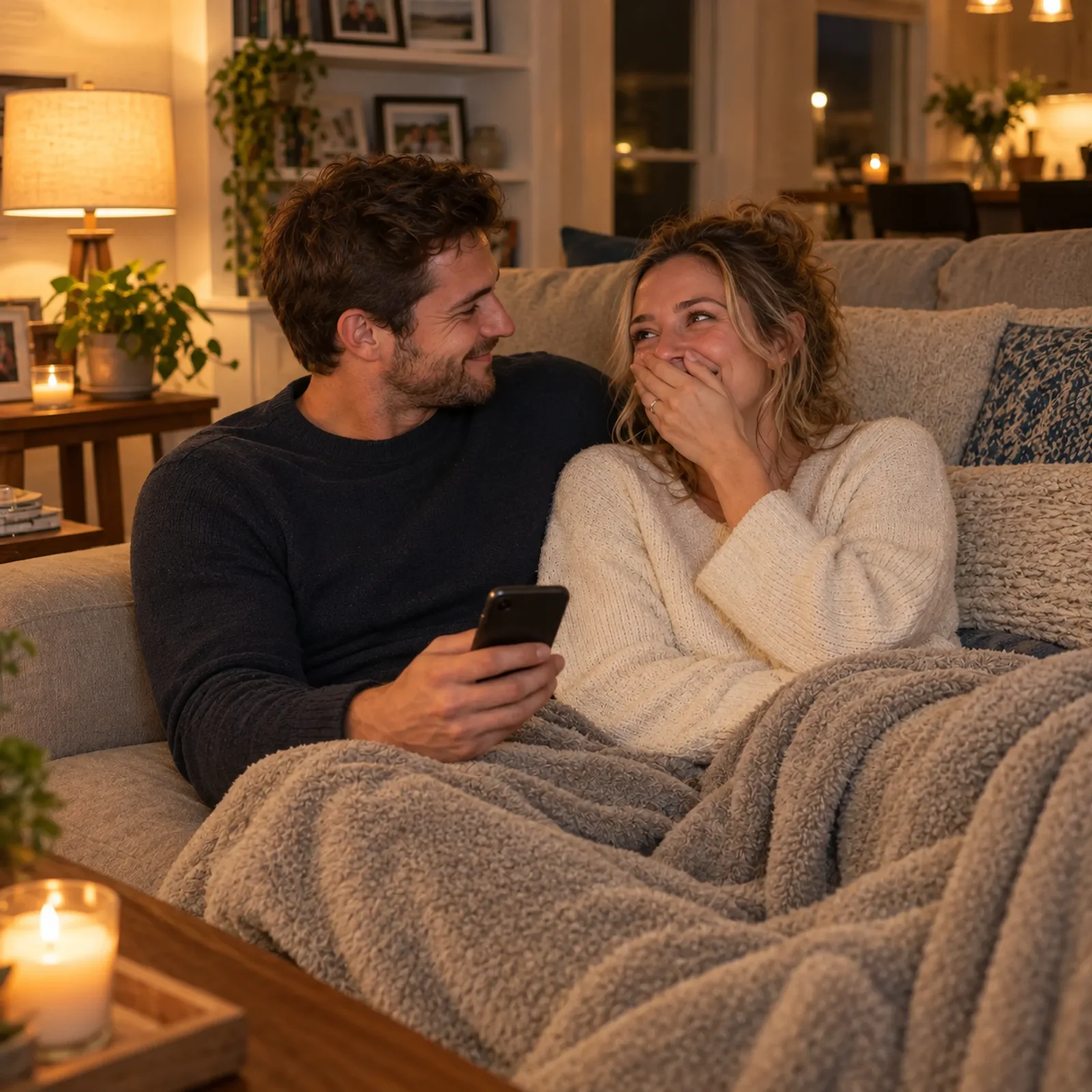 Couple on the couch, she hears her song and puts her hand over her mouth, moved