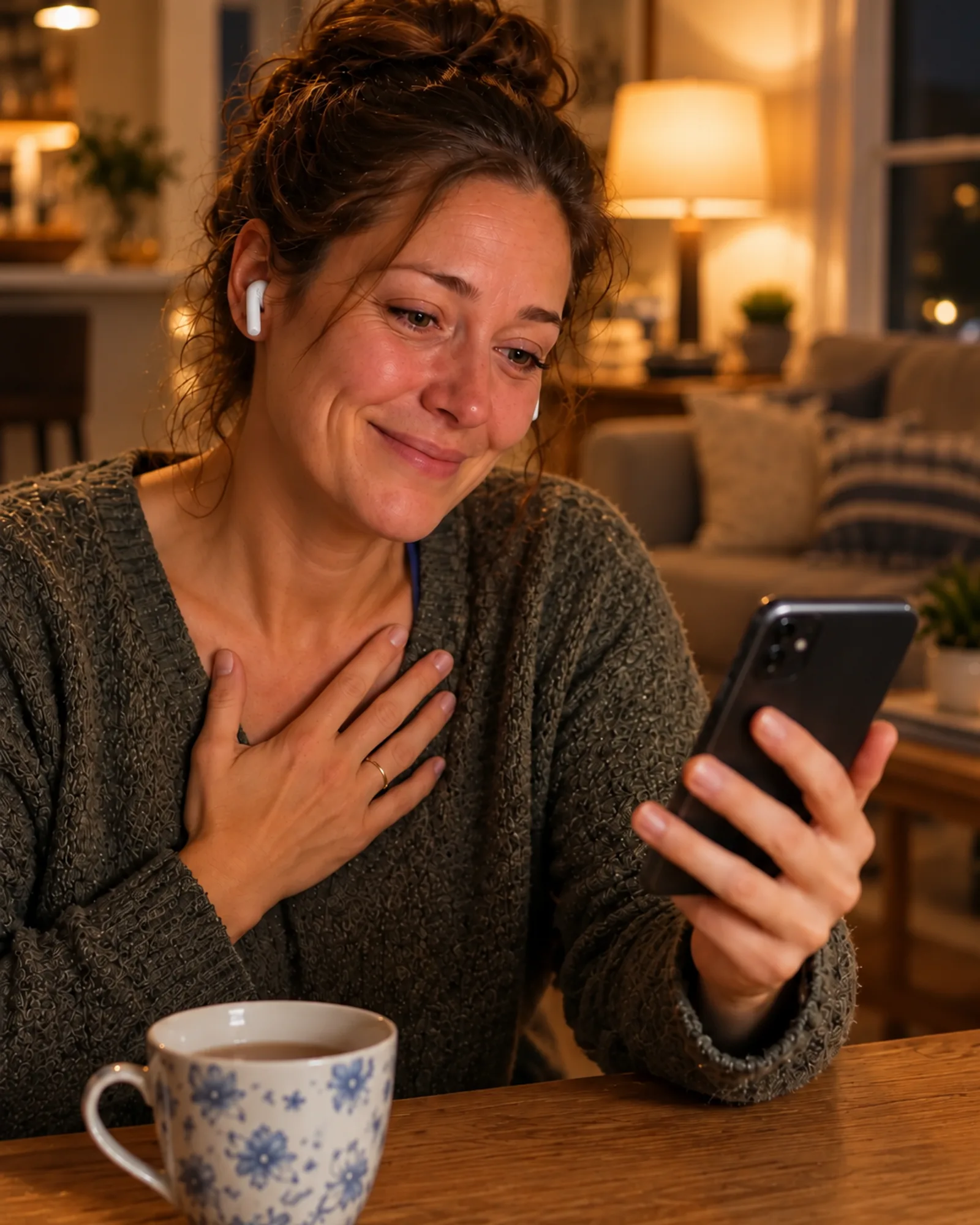 Woman listening to her custom song on earbuds, moved, with her hand on her heart