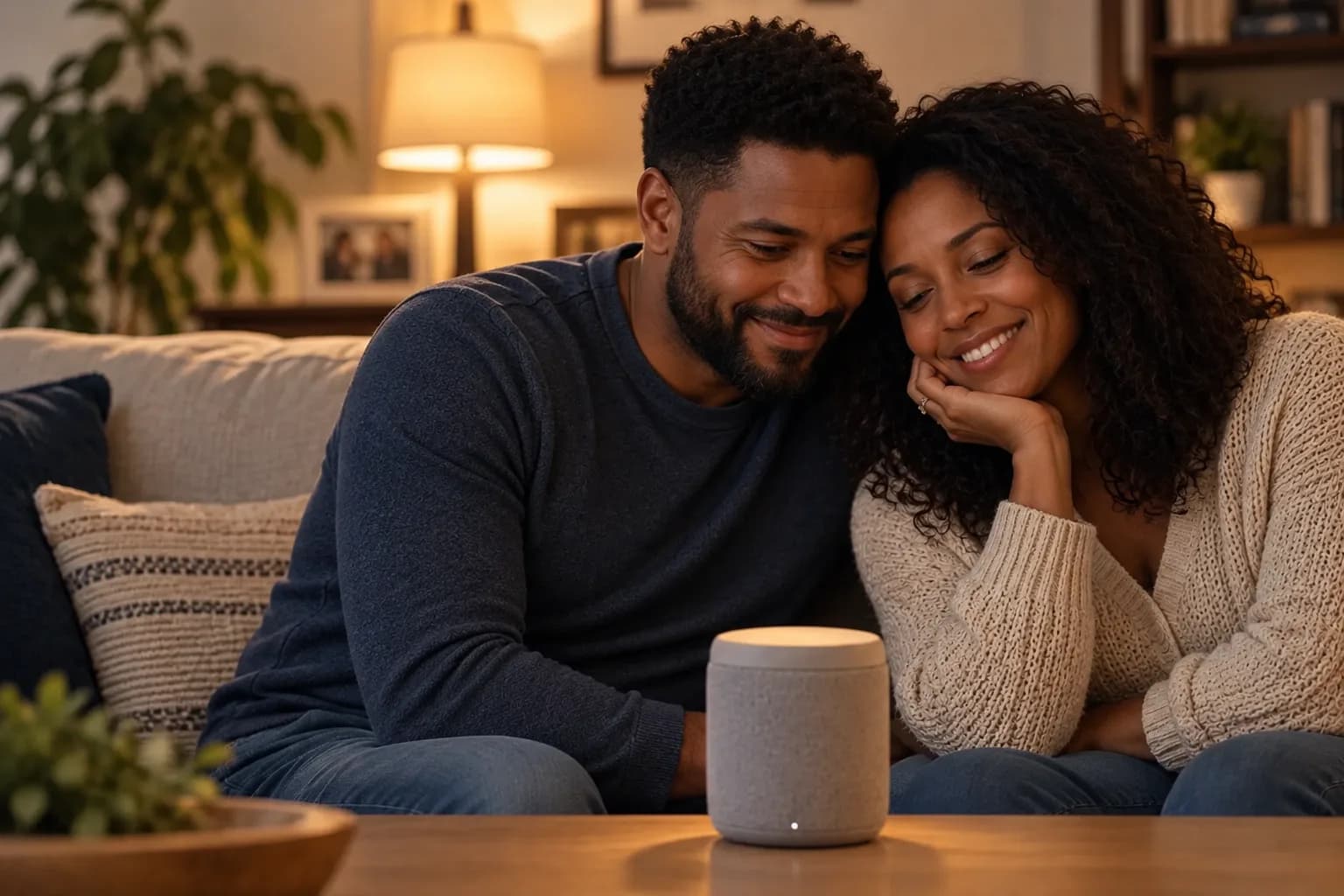 Two people listening to their personalized song together on a speaker