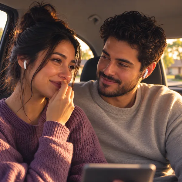 Couple sitting in the car listening to the finished song together