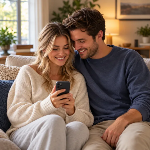 Couple answering a few questions together on a phone