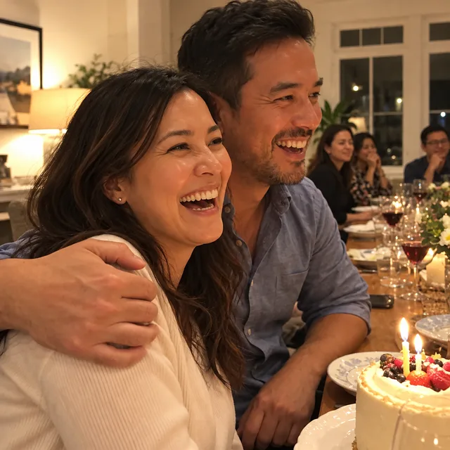 Song cover: woman laughing at her birthday party while a friend hugs her