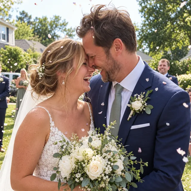 Song cover: laughing bride and groom just after the ceremony