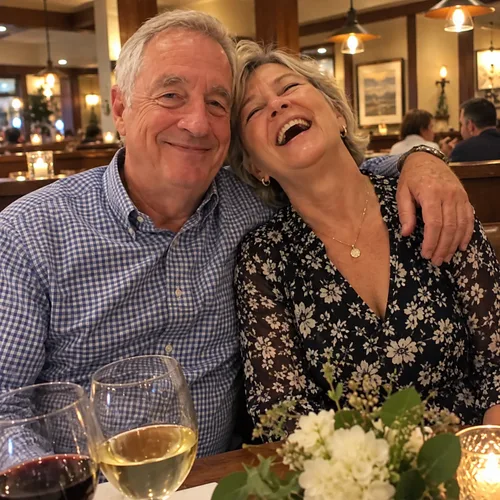 Song cover: couple in their early sixties laughing as they raise a toast at a restaurant