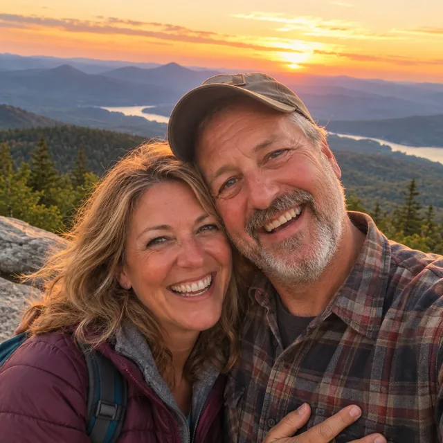 Song cover: couple in their mid fifties taking a selfie on a lookout point in the evening